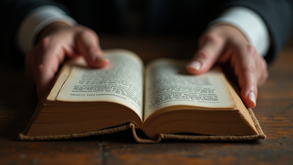 Plano detalle de manos sosteniendo un libro antiguo de Salmos con luz suave