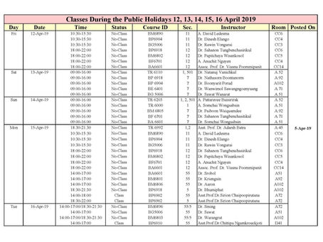 Classes During the Public Holidays 12, 13, 14, 15, 16 April 2019