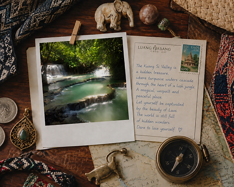 Turquoise pools and waterfalls in the Kuang Si Valley near Luang Prabang, Laos, presented in a vintage travel journal