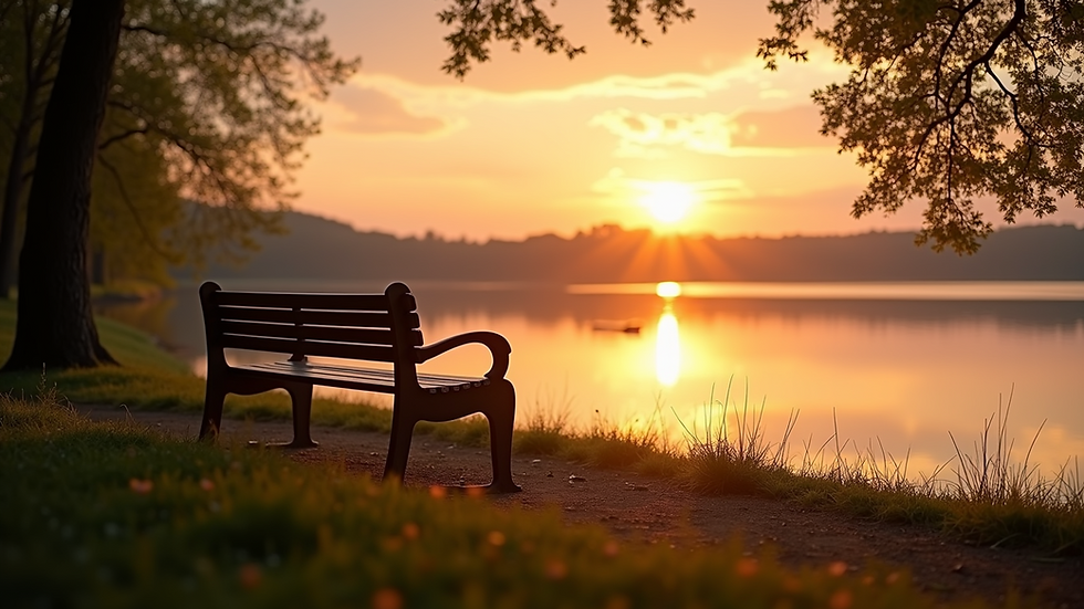 Eye-level view of a quiet lakeside bench at sunset