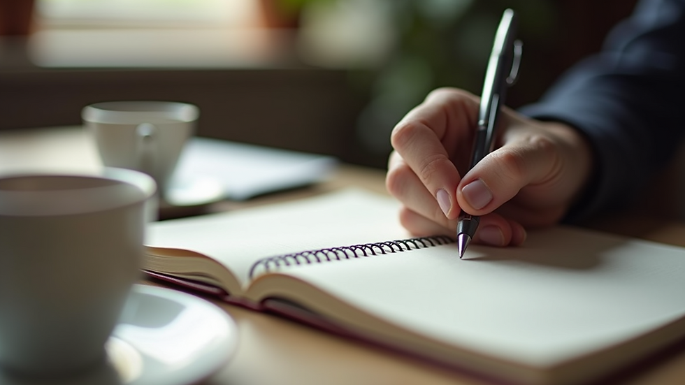 Close-up view of a hand writing in a journal with a cup of tea nearby