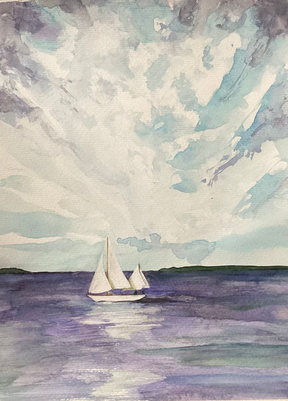 Ketch on a Breeze, purple sunset sailboat Watercolor