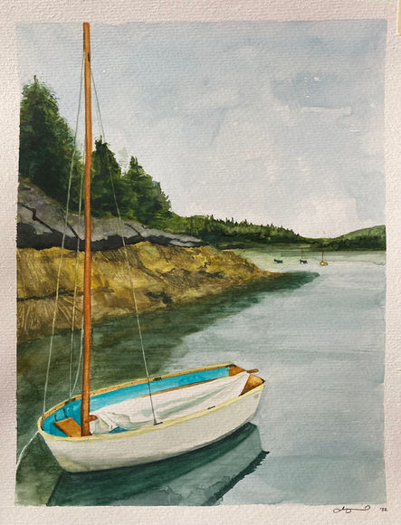 sailing dinghy, watercolor, maine coast, penobscot bay islands