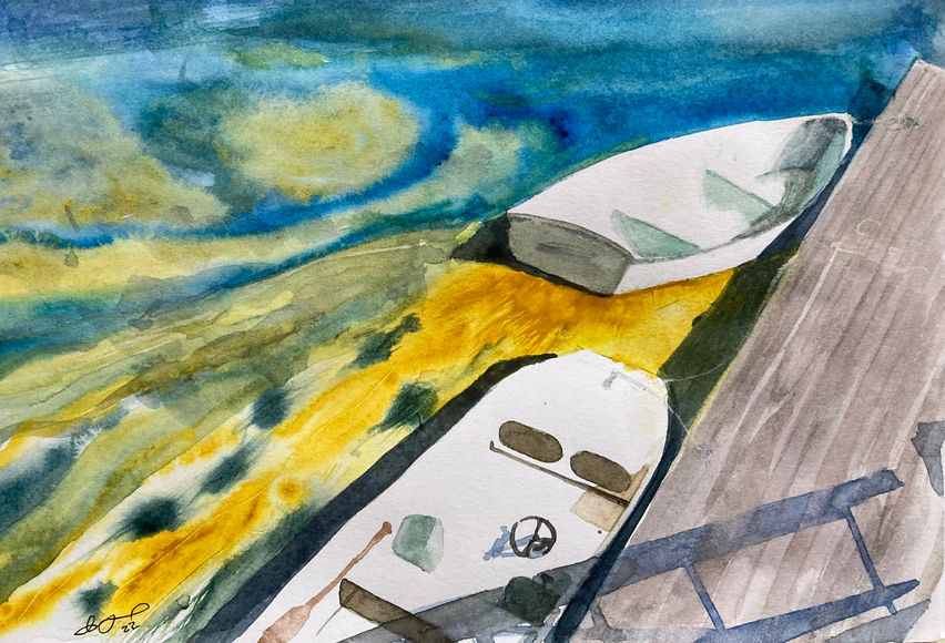 watercolor painting, boats at dock, yellow pollen in water