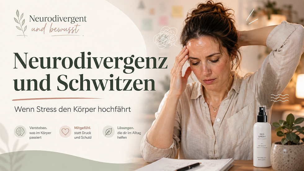 Eine erschöpfte Frau sitzt in einem warm beleuchteten Raum und wirkt gestresst und überreizt. Das Titelbild zeigt den Text „Neurodivergenz und Schwitzen“ und thematisiert, wie Stress, Anspannung und Reizüberflutung den Körper hochfahren können.