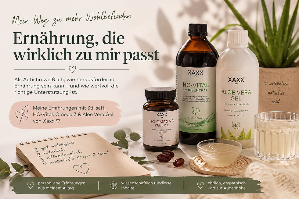 Natürliches Titelbild zu Nahrungsergänzung für neurodivergente Menschen: Xaxx HC-Vital Konzentrat, Omega-3 Kapseln und Aloe Vera Gel stehen auf einem Holztisch neben Aloe-Blättern und Glas, begleitet von ruhigem, warmem Licht und Text über persönliche Erfahrungen mit Ernährung und Wohlbefinden.