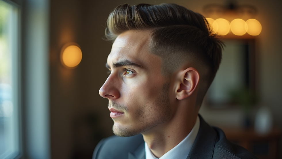 Eye-level view of a low fade haircut with a neat comb-over style
