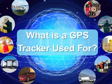 Illustration showing GPS tracking applications across people, vehicles, and assets - including elderly, children, backpacks, luggage, containers, trucks, trains, cold chain, shipping, and supply chain logistics.
