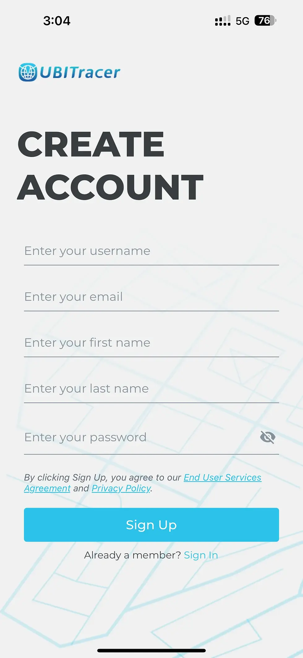 create account app screenshot