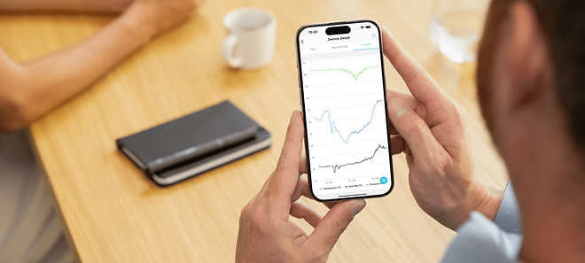 UBITracer mobile app interface displaying automatic charts for GPS tracking data and asset movement analysis