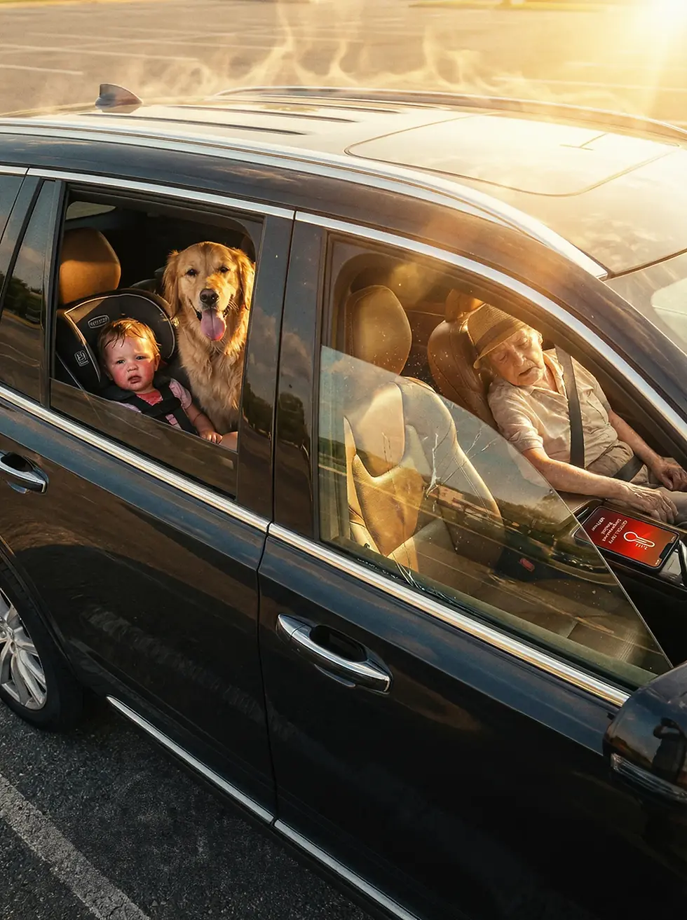 Cinematic photo of a hot car interior showing a distressed dog, child, and senior, with a cracked window failing to stop the rising heat, while a smartphone displays a UBITracer high-temperature alert.