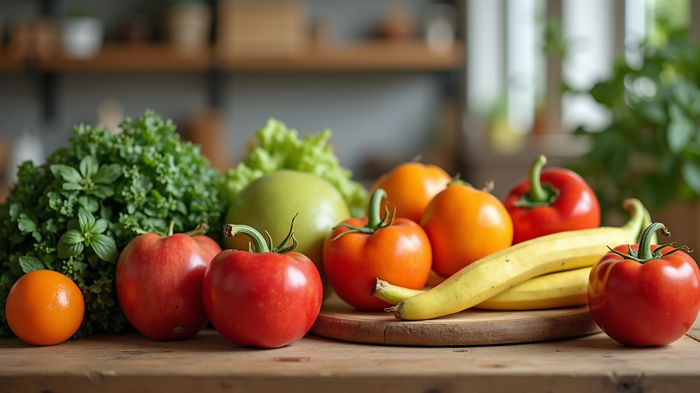 Eye-level view of a table filled with colorful fruits and vegetables