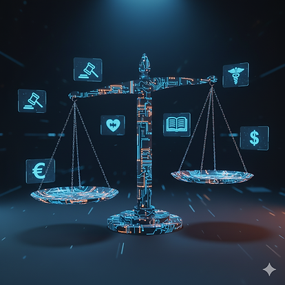 Adalet, sağlık, eğitim ve finans simgeleriyle çevrili, parlayan devrelerden yapılmış fütüristik bir terazi.