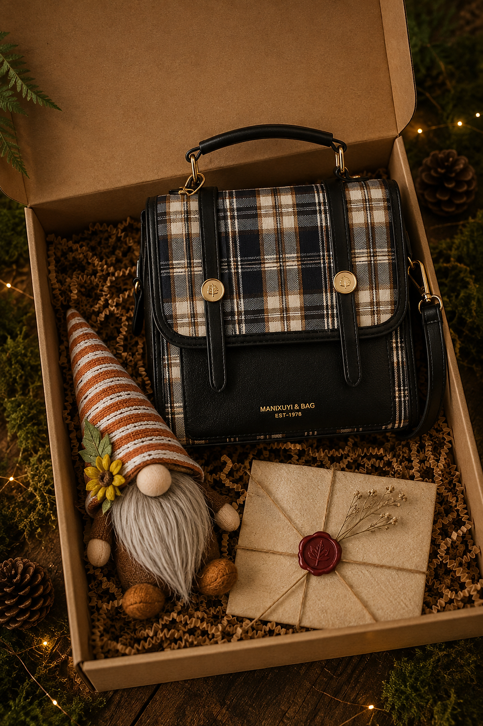 Black plaid handbag displayed in a gift box
