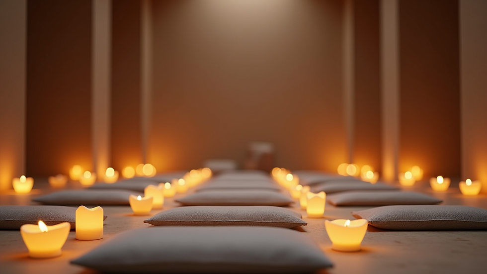 Eye-level view of a serene meditation space with candles and cushions