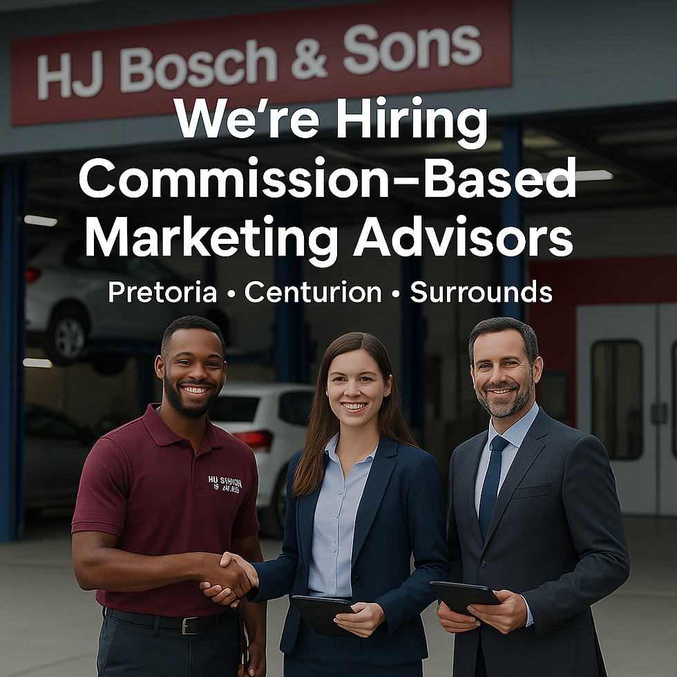 Three upbeat professionals in front of an HJ Bosch & Sons workshop with headline text reading ‘We’re Hiring Commission-Based Marketing Advisors – Pretoria, Centurion, Surrounds’
