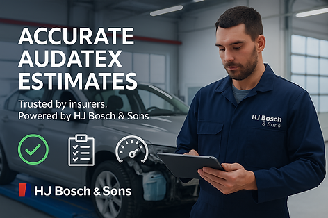 HJ Bosch & Sons technician using Audatex software to generate an accurate car repair estimate on a damaged sedan in a modern workshop.