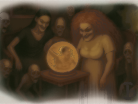 Treachery Willbreak and Scourge Lyemirror lounge comfortably, smiling with amusement as they peer into a glowing crystal ball displaying a male athlete mid-performance. Treachery 's grotesque brood gather curiously around them. In the shadowed background, Jordan Gravewyck works intently over maps and notes.