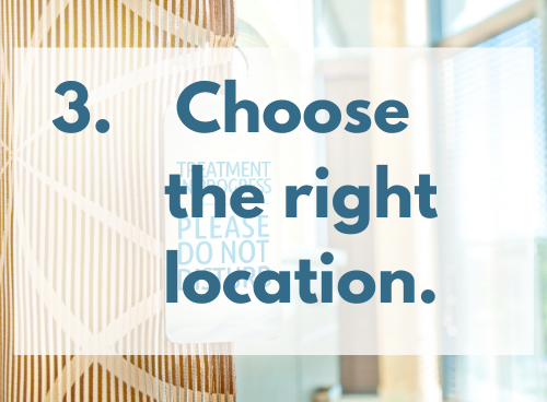 Choose the right location for your virtual physical therapy appointment. Photo shows text reading "3. Choose the right location." written in dark blue superimposed over a tan, patterned door with a sign on the handle reading "treatment in progress, PLEASE DO NOT DISTURB."
