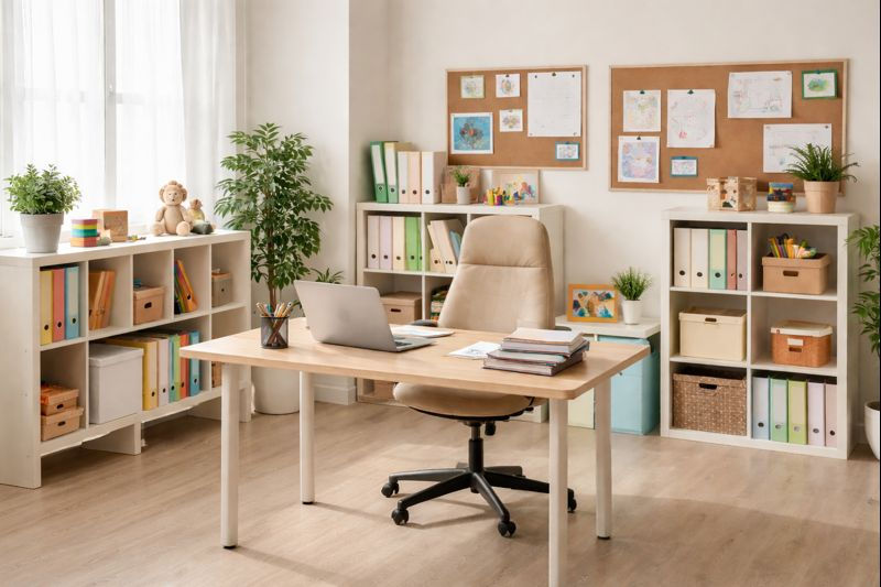 Bureau vide d’une gestionnaire de crèche, symbole du manque de personnel et des difficultés de recrutement en petite enfance