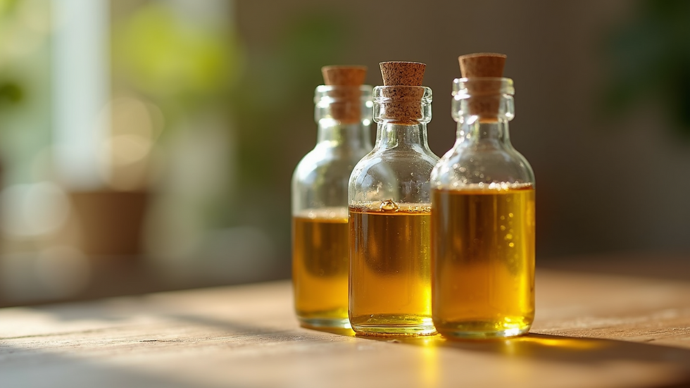 Close-up view of natural oils in glass bottles on wooden surface