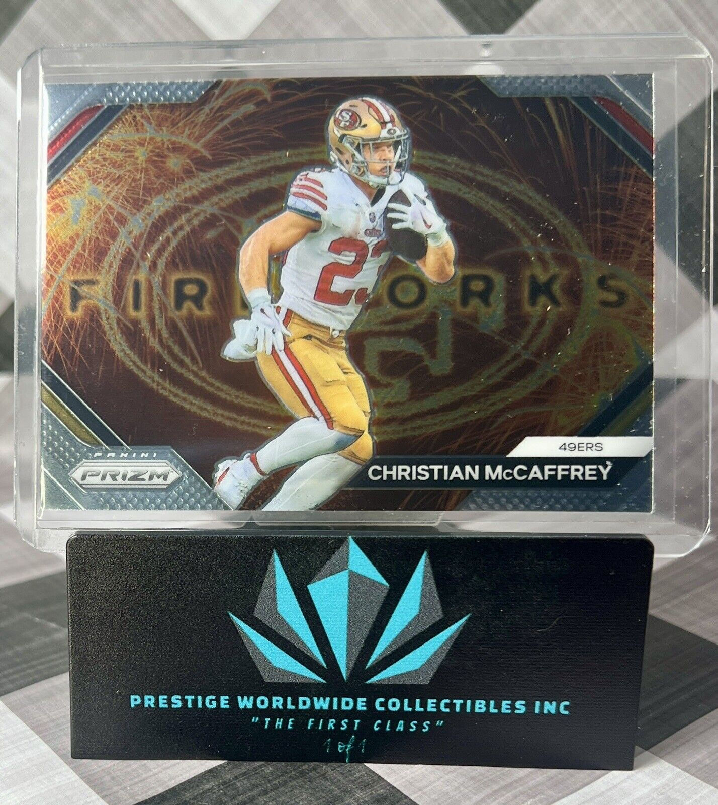 Christian McCaffrey 2023 Panini Prizm Fireworks #F-12 San Francisco 49ers Insert