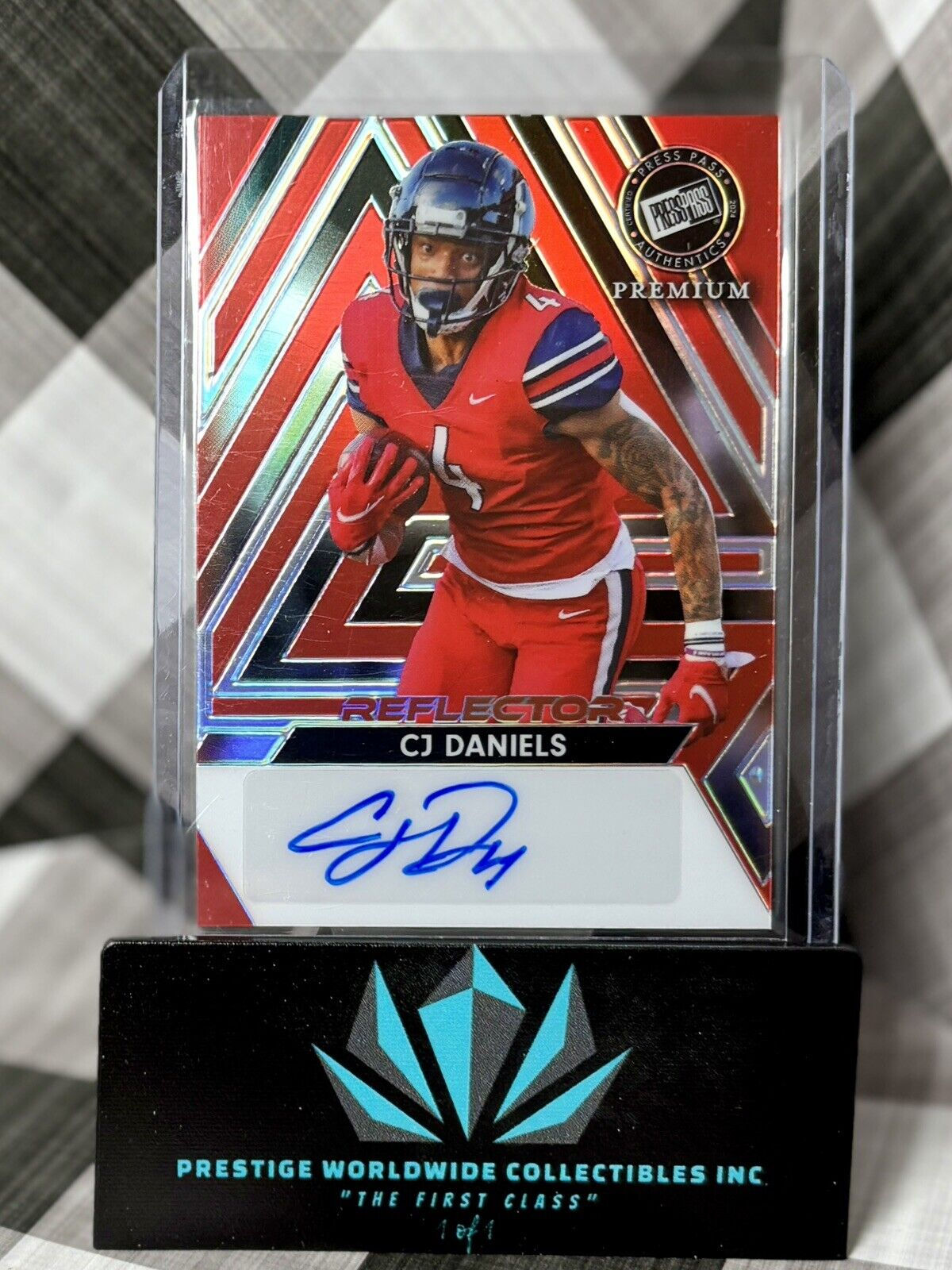 CJ Daniels 2024 Leaf Press Pass Red Reflector Auto /10 #BA-CJD Liberty Flames