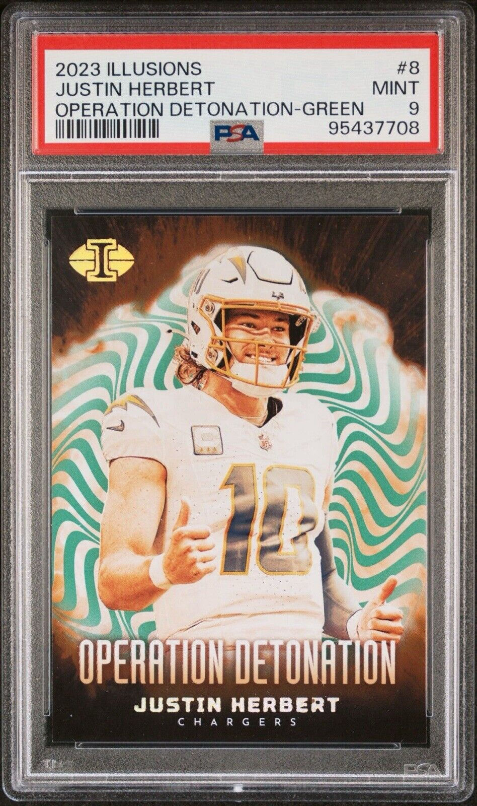 Justin Herbert 2023 Illusions Operation Detonation Green /10 PSA 9 #8 Chargers