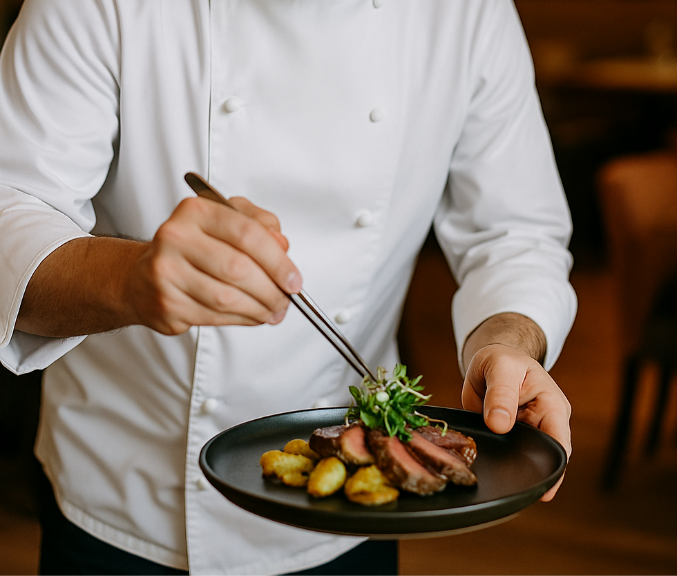 Chef Tihomir bereitet im Charles Villach ein Alpe-Adria-Hauptgericht mit regionalen Zutaten zu.