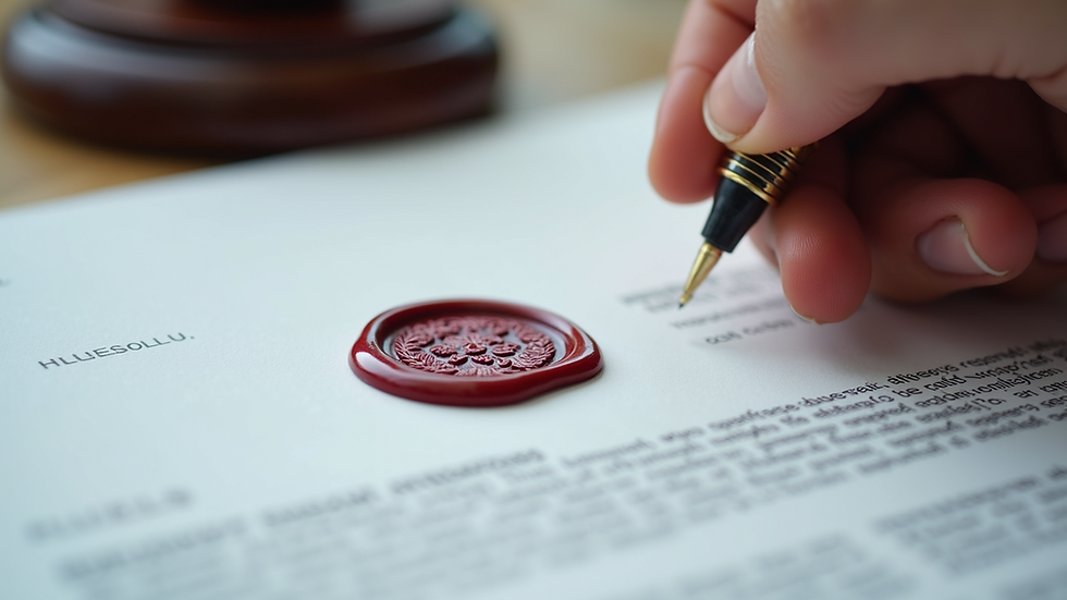 Close-up of a notary public seal and stamp on a document