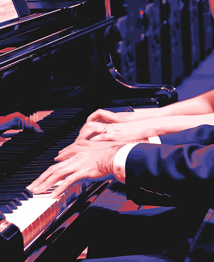 Close up picture of two hands on a piano, playing a duet.