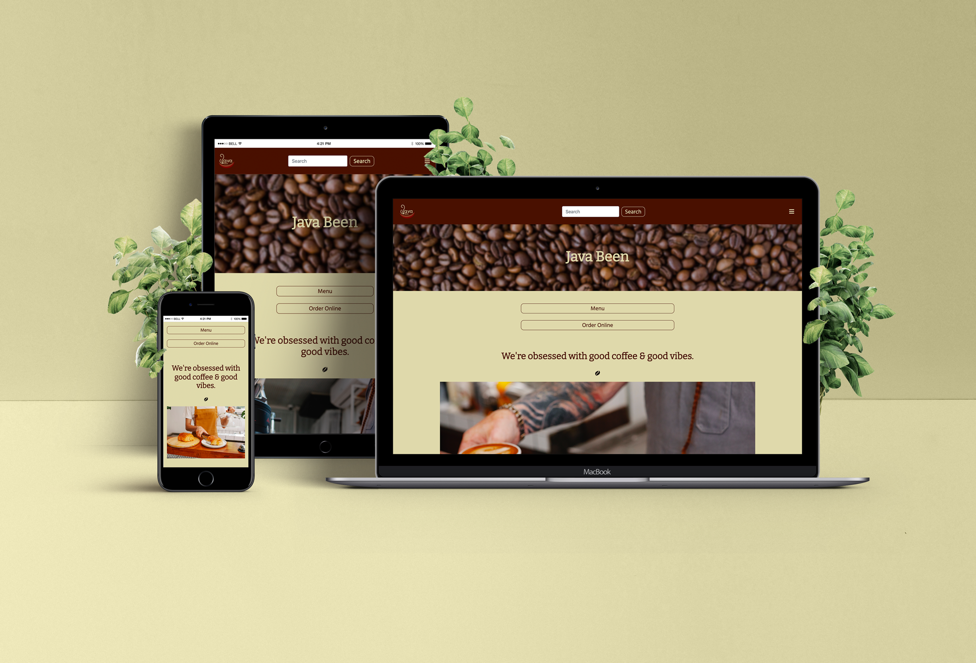 A school project website mockup that displays the Java Been website at multiple breakpoints.