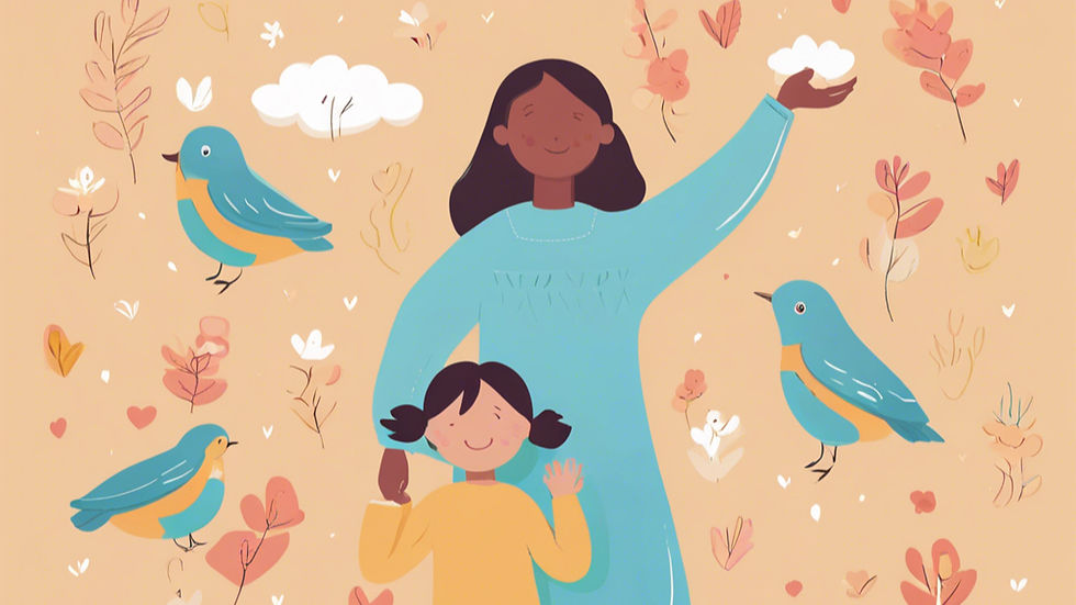 Woman in blue dress with raised arm and child smiling, surrounded by bluebirds and pink foliage. Happy, whimsical mood.