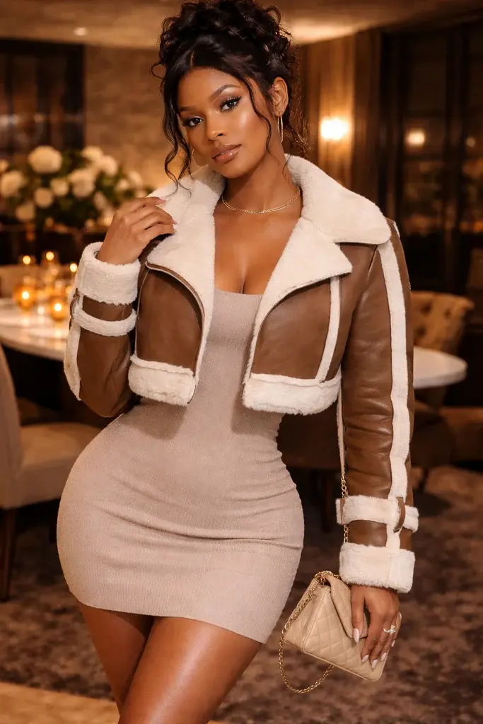 Brown cropped faux leather shearling jacket with fur trim and structured fit – Jazelle’s Boutique