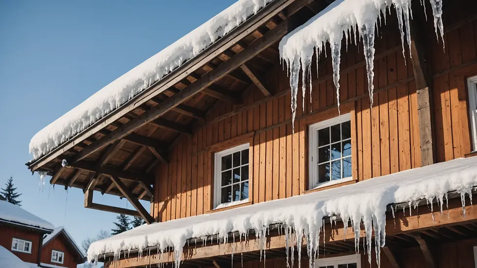 Eye-level view of a snow-covered roof with ice dams