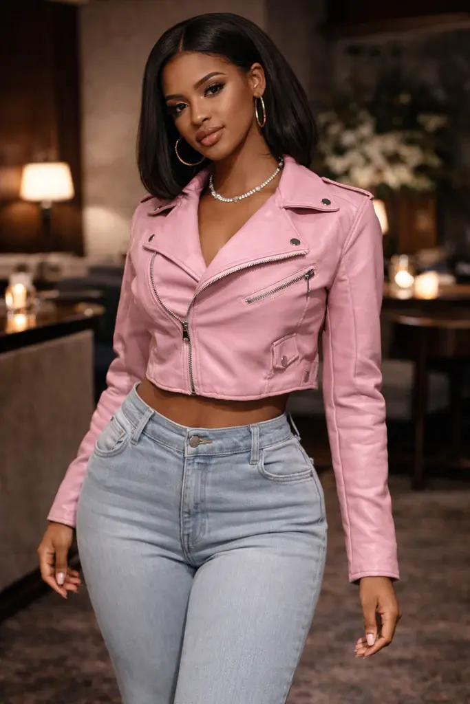 Blush pink cropped faux leather moto jacket with silver zipper detail – Jazelle’s Boutique