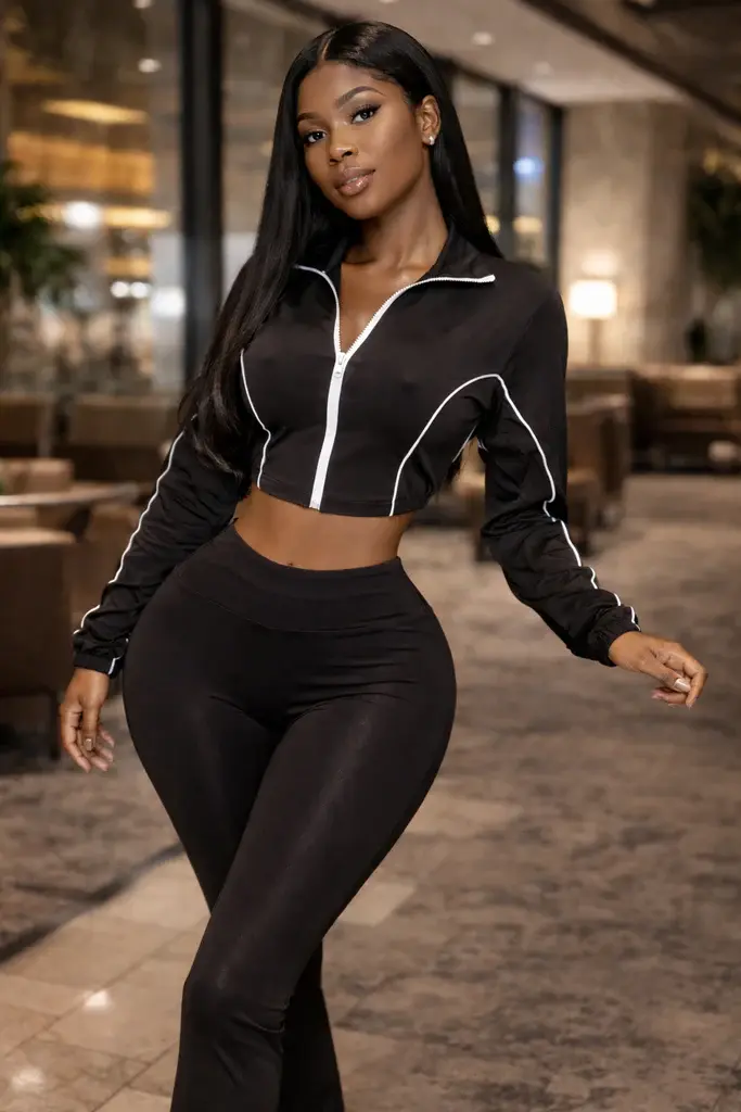 Black two piece set with cropped zip jacket and high waisted leggings – Jazelle’s Boutique