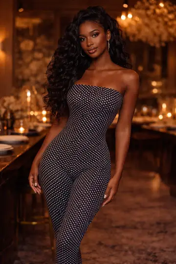 Black and white polka dot strapless bodycon jumpsuit with curve-hugging fit – Jazelle’s Boutique