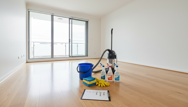 Wide-angle view of a clean empty apartment living area with cleaning supplies on the floor