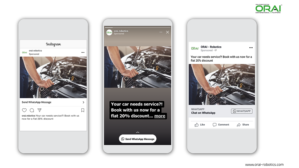 Click-to-WhatsApp ad on Facebook & Instagram stories and feed for car servicing using ORAI's AI portal on WhatsApp