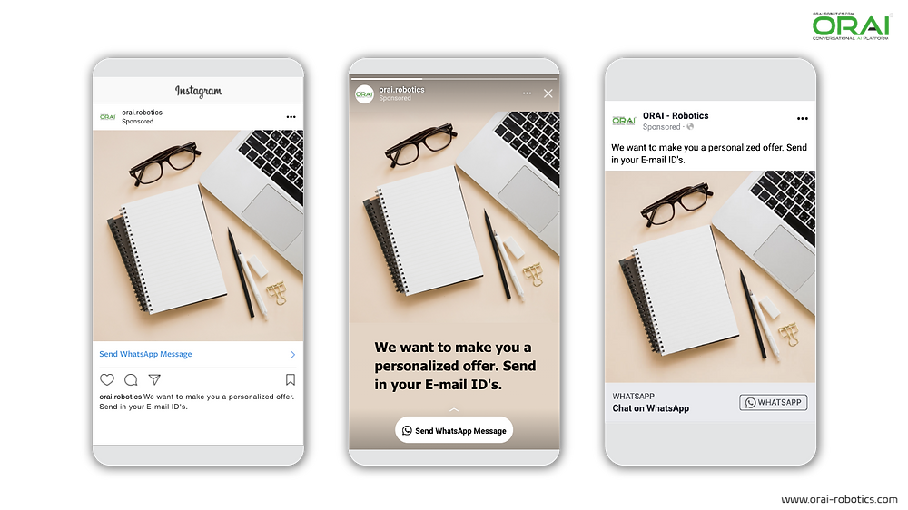 ORAI's Click-to-WhatsApp ad on Facebook, Instagram feed and story.