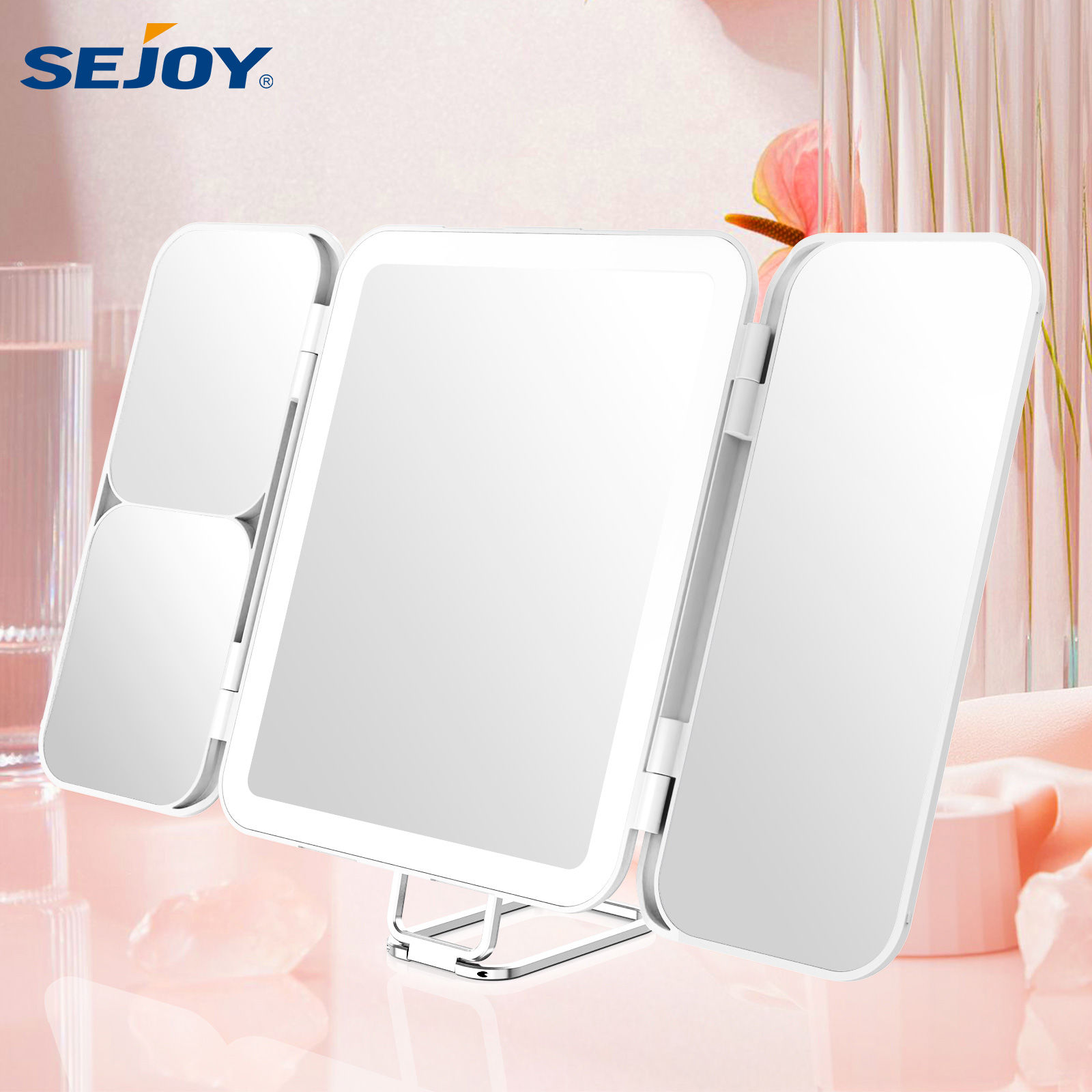 SEJOY Mini Makeup Mirror with Lights, 1X 3X 7X Magnifying Mirror, Touch Control,