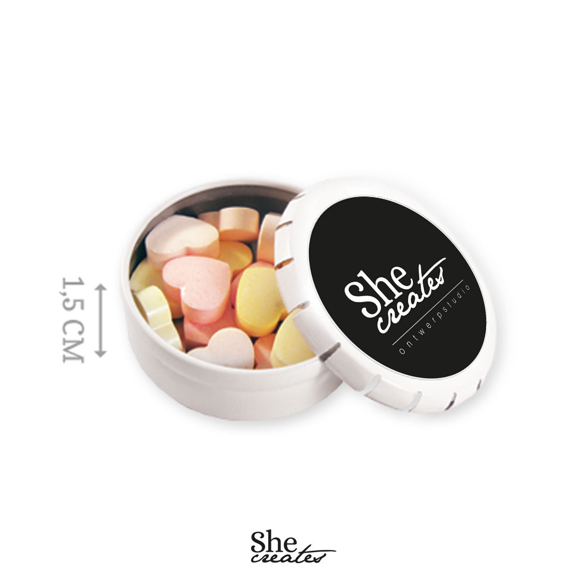 Blikje gevuld met love hearts snoepjes | Relatiegeschenk