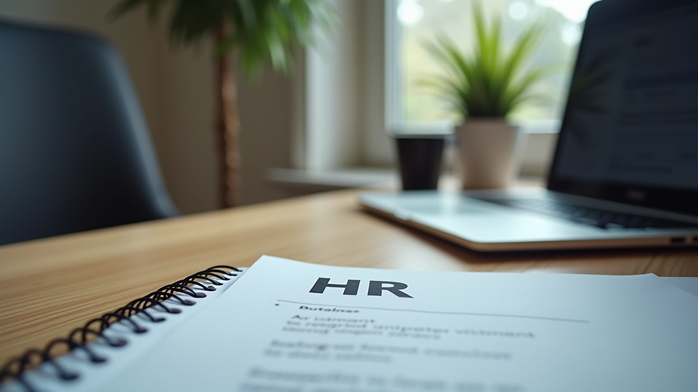 Eye-level view of a small office workspace with a laptop and HR documents