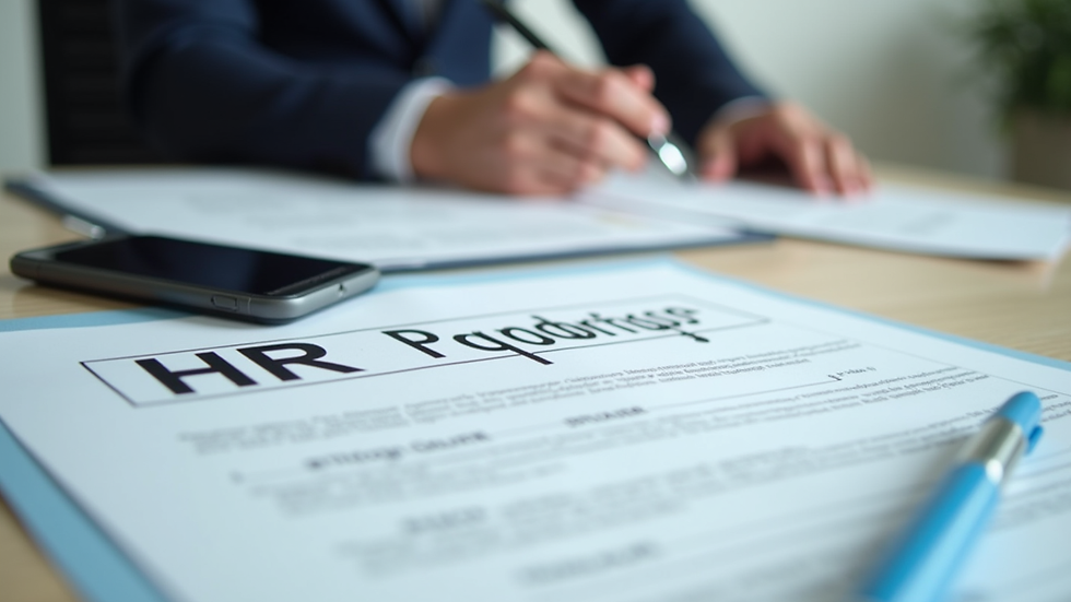Close-up of a desk with HR paperwork and a pen ready for signing