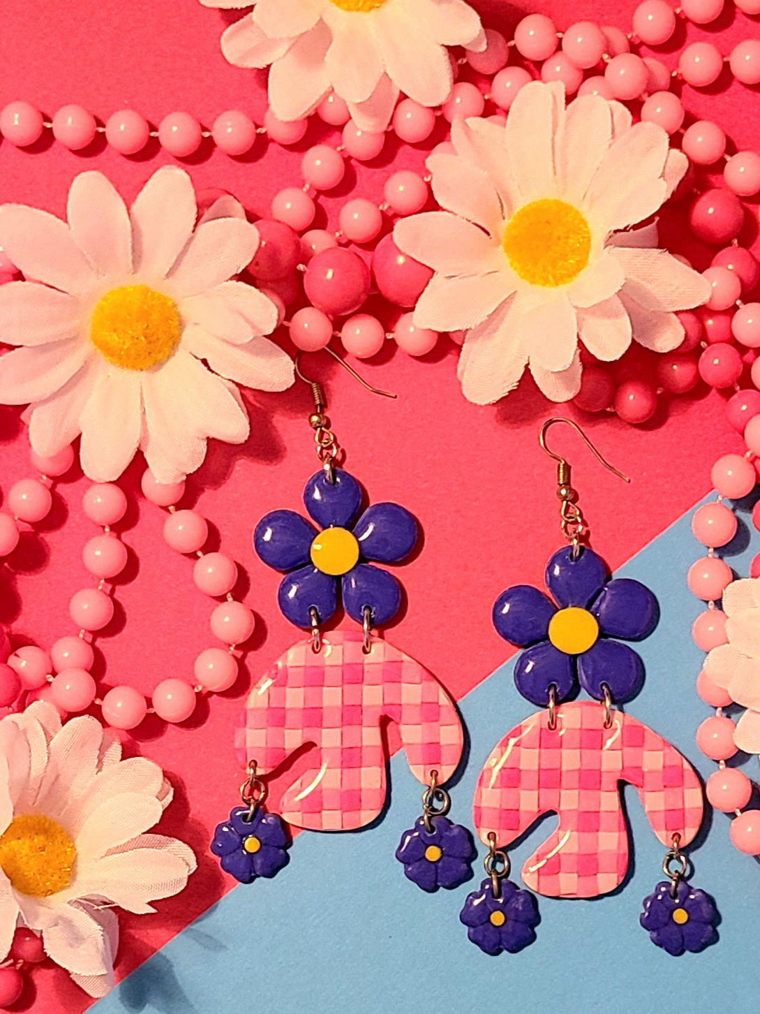 Boucles d'oreilles - Vichy Rose/ Fleurs bleues