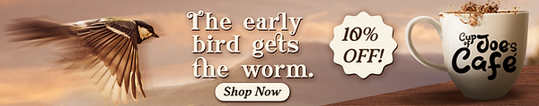 Early bird themed banner ad promoting Cup of Joe's Café.