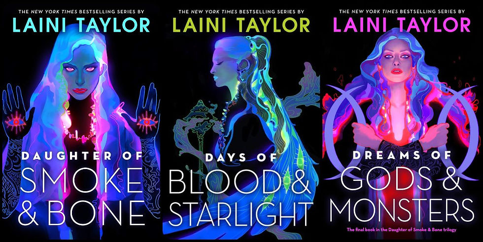 The covers to Laini Taylor's Daughter of Smoke and Bone trilogy