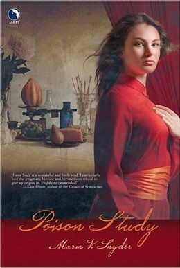Cover of Maria V. Snyder's Poison Study - woman in red standing in front of chemistry items and food