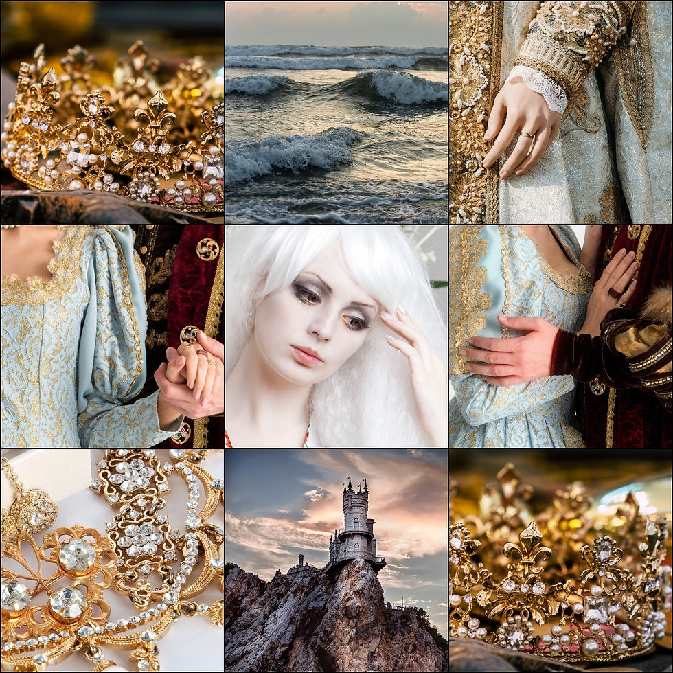 Collage of crowns, queens, the sea and sea castle, and a woman with white-blonde hair
